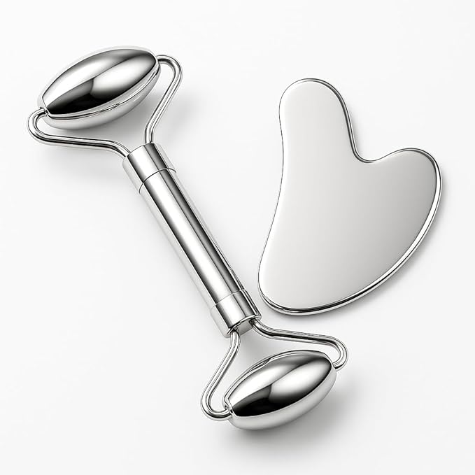 Stainless Steel Gua Sha and Face Roller Set Facial Massager Tools, Lymphatic Drainage Massager Metal Gua Sha Skin Self Care Gifts for Women
