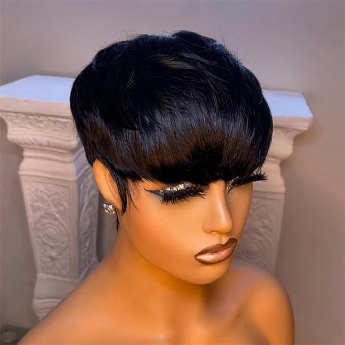 Short bob wig for black women Pixie Cut Wig Human Hair Short Bob layered Natural Black Straight Humah Hair full machine made Glueless Wigs With Bangs for Ladies daily use