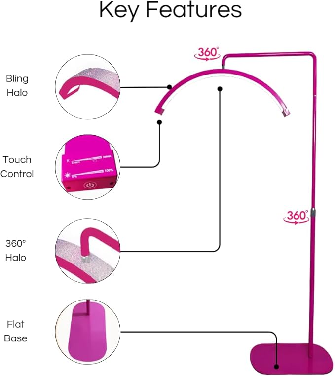 Bling Half Moon Lash Light | Dimmable LED Diamond Esthetician Light for Eyelash Techs - LED Floor Lash Lamp with Adjustable Height, Touch Control & Stable Base | Warm & Cool Tones | Hot Pink