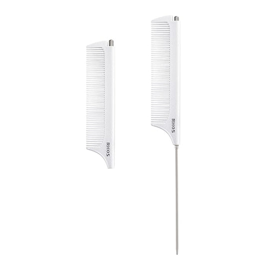 RHOS Carbon Retractable Rat Tail Parting Comb - Portable Fine Tooth Teasing Comb for Styling, Hair Cutting, Braiding with Stainless Steel Pin Tail - White