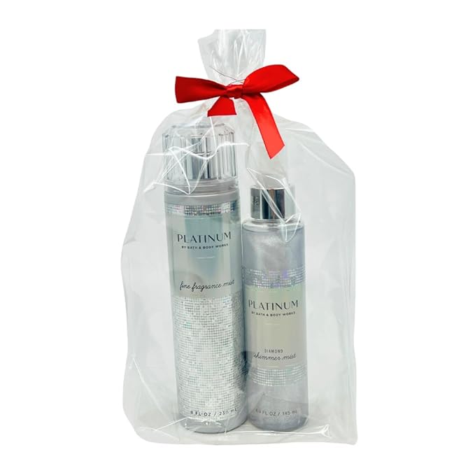Bath & Body Works PLATINUM Fine Fragrance Mist 8 fl oz and Shimmer Mist 4.9 fl oz 2-piece Gift Set with a Red Bow for Holidays