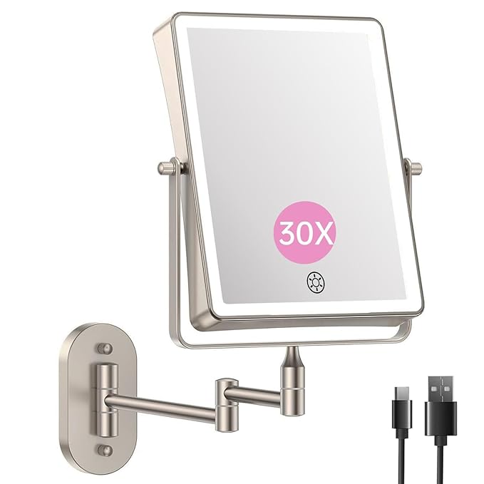 FASCINATE 5000mAh Rechargeable Wall Mounted Makeup Mirror, Bathroom Mirror Rectangle 8.7" Double Sided Touch Switch 1X 30X Magnifying, 3 Color Setting, Extended Arm 360° Swivel Foldable Nickel
