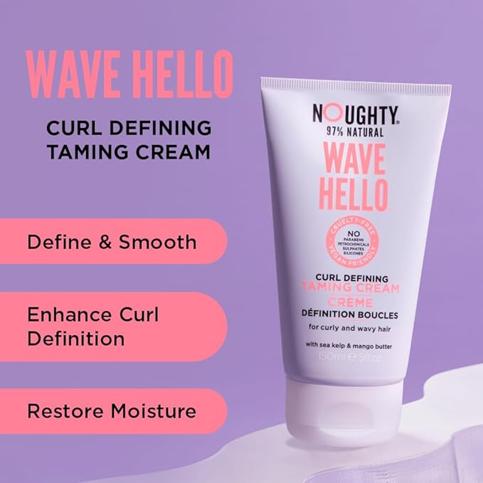 Noughty 97% Natural Wave Hello Curl Taming Cream, Sulfate Free, Vitamin Rich Smoothing Formula for Curly and Wavy Hair, with Sea Kelp and Mango Butter, Vegan Haircare 5fl.oz