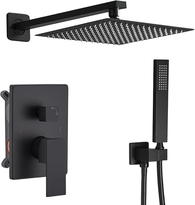 annazom Shower Faucet Set Rain Shower System Matte Black with High Pressure 10-Inch Shower Head Handheld Square Shower Head Bathroom Luxury Rain Shower Faucet Shower Complete Combo Kit Wall Mounted