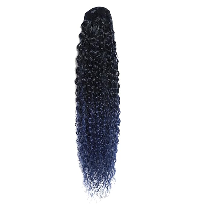 Deep Wave Ponytail Extension for Women 12 Inch Black to Dark Blue Curly Wavy Ponytail Hair Extensions Drawstring with Clips Short Synthetic Hairpiece for Daily and Party