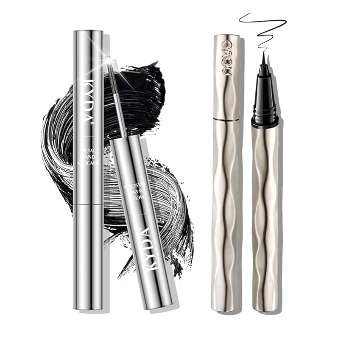 KYDA Black Iron Wand Mascara and Eyeliner Set, Lasting 3D Curling Eyelashes, Washable Metal Wand Mascara, Waterproof Smudge-proof, Natural Thick Clear Lashes-looking
