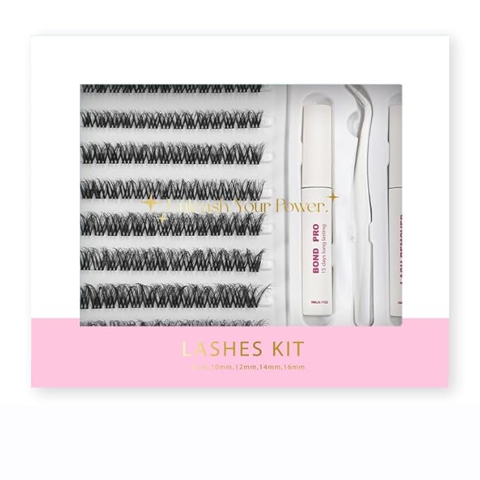 Lash Extension Kit DIY Lash Clusters 10-16mm 112pcs Individual Lashes Clusters Soft Thin Band Natural Volume Eyelash Extension with Lash Bond and Remover, Lash Tweezers for Self Use 34#