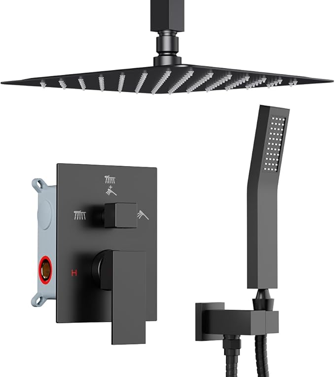 Shower Faucet Set Matte Black Shower System, Starbath 10" Rain Shower Head and Handheld Spray Shower Set Complete Ceiling Mounted,2 Way Pressure Balance Shower Valve and Trim Kit Included