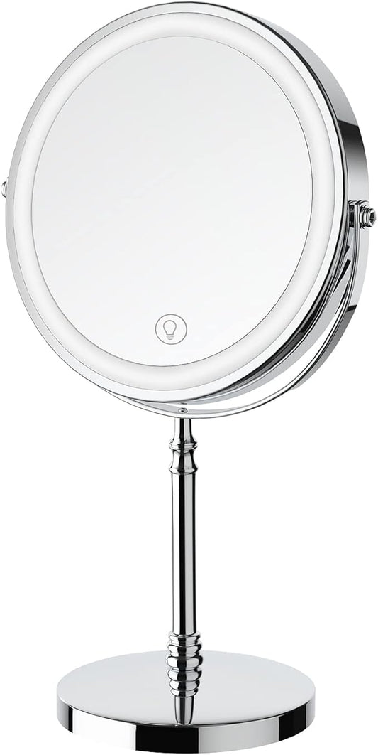 Lighted Makeup Mirror, 3000 mAh Rechargeable Double Sided Magnifying Mirror with 3 Colors, 1x/10x 360° Rotation Vanity Mirror, Brightness Adjustable Magnification Cosmetic Light up Mirror, Women Gift