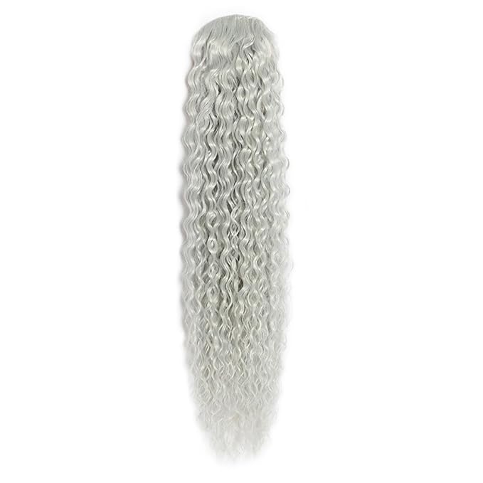 Deep Wave Ponytail Extension for Women 24 Inch Gray Curly Wavy Ponytail Hair Extensions Drawstring with Clips Short Synthetic Hairpiece for Daily and Party