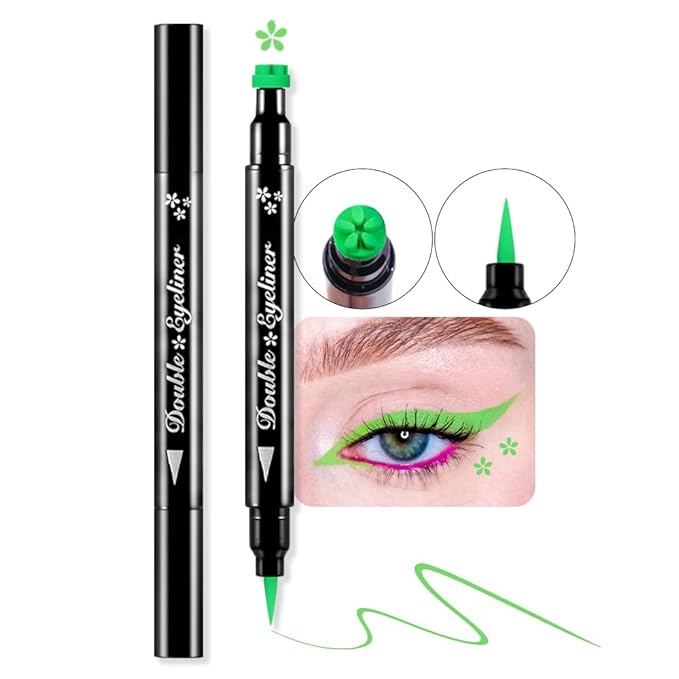 BINGBRUSH Double-head Liquid Stamp Eyeliner Pencil, Colors Flowers Heart Moon Star Shapes Face Stamps Makeup Colorful Waterproof Slim Gel Felt Tip High Pigment Liquid Eyeliner (09#Flower & Green)