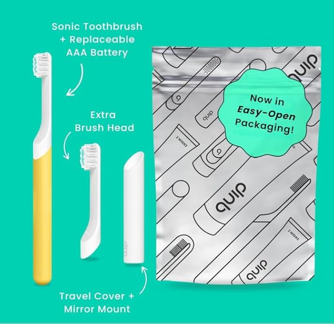 Quip Sonic Toothbrush for Kids with Timer - Includes Extra Brush Head and Travel Cover Mount - Electric, Soft Bristle Refill Head, Plastic Handle, 3 Month Battery Life - Spark Yellow