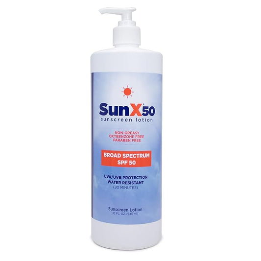 CoreTex Sun X 50 SPF Broad Spectrum Sunscreen Lotion - 32oz Bottle of Paraben, Oxybenzone, Octinoxate, & Oil Free Sunscreen - No White Cast and Water Resistant Up to 80 Minutes