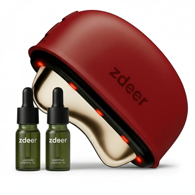 Electric Gua Sha Facial Care Set – Heated Brass Face & Neck Massager with Red Light Therapy & Soothing Vibration, Includes 2 × 10ml Massage Oils for Face & Body Care