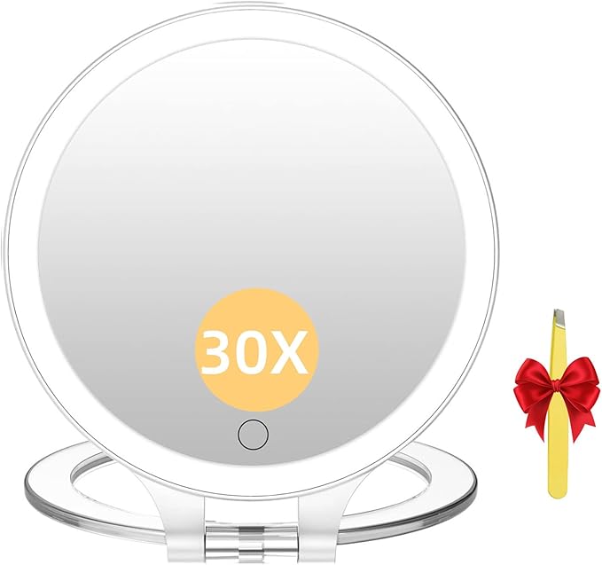 FASCINATE Magnifying Mirror 30X 1X Double Sided Magnification Makeup Vanity Mirror Rechargeable Lighted Mirror with 3 Color Setting Adjustable Rotation LED Vanity Desk Mirror