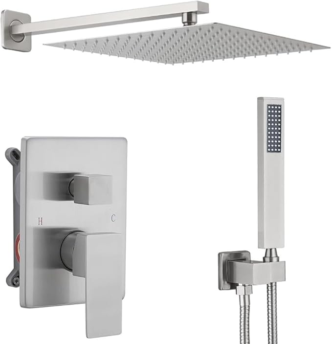 annazom Shower Faucet Combo Set with Shower Spray Wand Large 12 Inch Shower Head Brushed Nickel Surface High Pressure with Rough-in Valve, Brushed Nickel