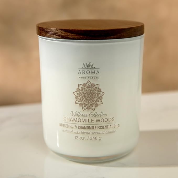 Aroma from Nature Wellness Collection Candle, 12 oz, 2 Cotton Wicks, Chamomile Woods, Large Painted Jar