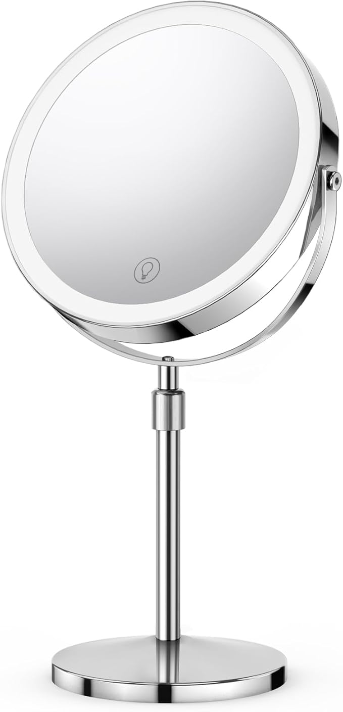 10x/1x Lighted Vanity Makeup Mirror, 2000mAh Rechargeable Height Adjustable Double Sided, Magnifying Mirror with 3 Color Light, Brightness Adjustable, 360° Rotation, Women Gift