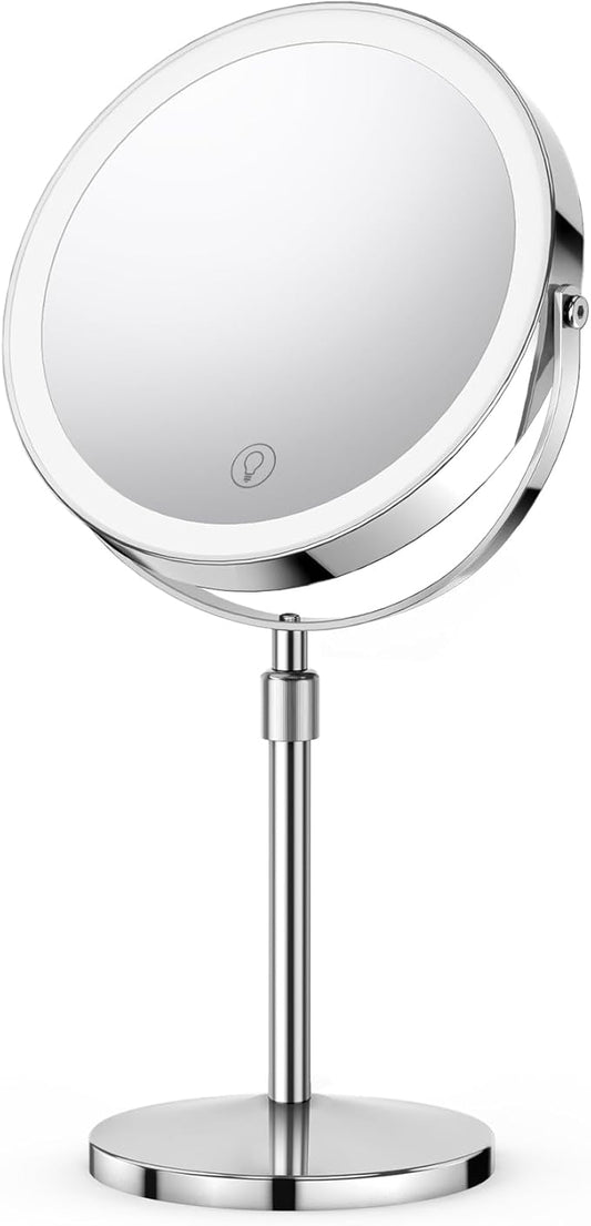10x/1x Lighted Vanity Makeup Mirror, 2000mAh Rechargeable Height Adjustable Double Sided, Magnifying Mirror with 3 Color Light, Brightness Adjustable, 360° Rotation, Women Gift