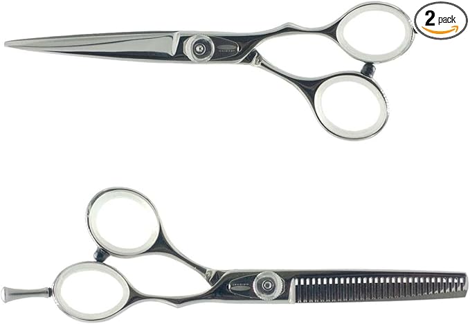 Cricket Logo Gold Series Pro 5.75” Hair Cutting Shear and 30T Thinning Texturizing Scissors Duo Set, Stainless Steel, Convex Edge, Value Set with Hair Dryer Gift