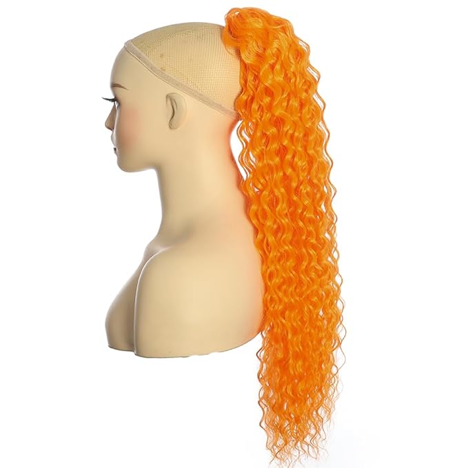 Deep Wave Ponytail Extension for Women 24 Inch Orange Curly Wavy Ponytail Hair Extensions Drawstring with Clips Short Synthetic Hairpiece for Daily and Party