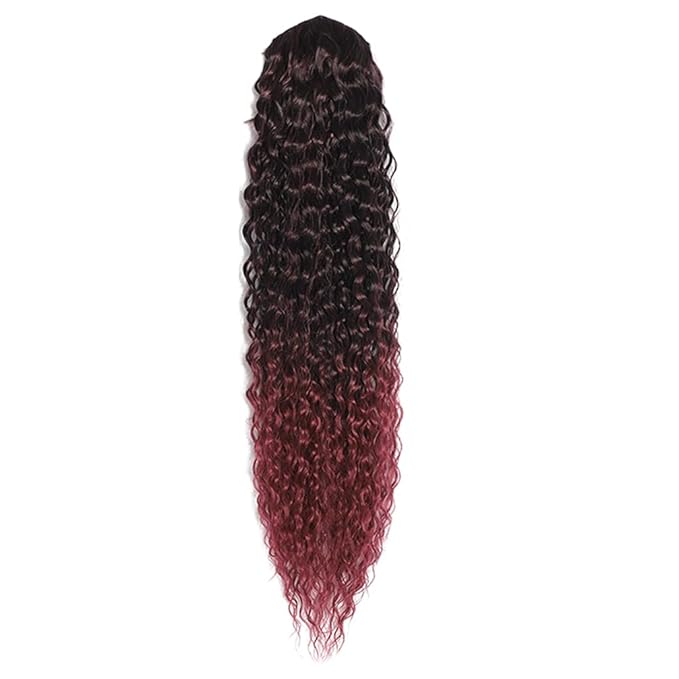 Deep Wave Ponytail Extension for Women 24 Inch Black to Burgundy Red Curly Wavy Ponytail Hair Extensions Drawstring with Clips Short Synthetic Hairpiece for Daily and Party