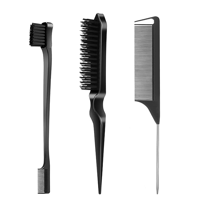 3 Pcs Slick Back Hair Brush, Rat Tail Comb, Edge | Bristle Brush, Hair Accessories for Girls, Kids, Toddlers Sleek Ponytail/Bun, Edge Control and Smoothing Baby Hair & Flyaways