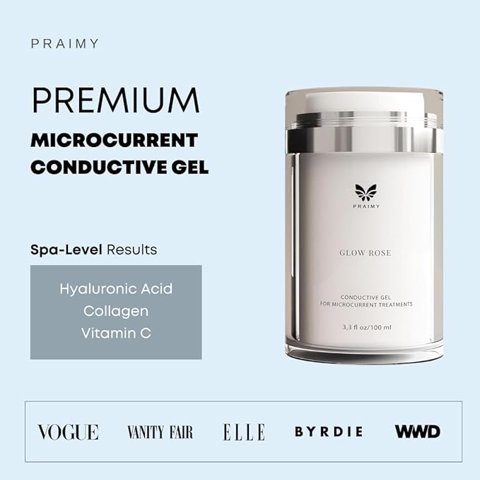 PRAIMY Glow Rose Conductive Gel – Premium Microcurrent, RF & EMS Gel with Hyaluronic Acid, Collagen & Vitamin C – Luxury Skincare Primer for Beauty Devices, 3.3 fl oz Pump