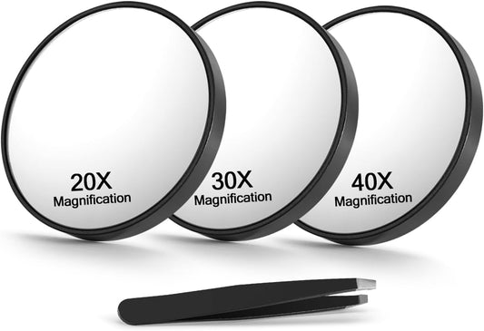 20X&30X&40X Magnifying Mirror Suction Cup, 3.5 in Small Magnified Mirror with Tweezers, Black, Set of 3