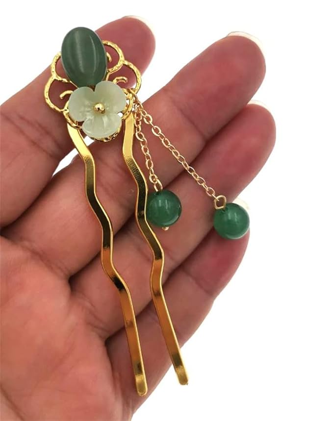 Jade Flower Hair Pins Women Girls Hair Stick,Retro Hanfu U Shape Chopsticks Hair Styling Hair Making Accessories Headwear 3.5inch