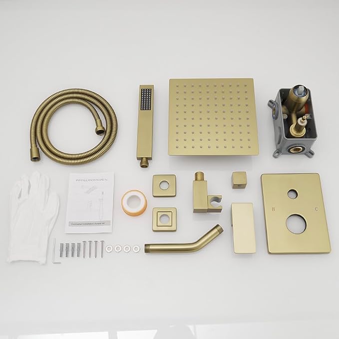 annazom Brushed Gold Shower System 8 Inch Bathroom Luxury Rain Mixer Shower Combo Set Wall Mounted Rainfall Shower Head and Handheld System Shower Faucet Set Rough-in Valve Body and Trim Included