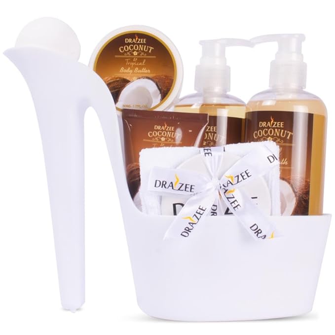 Valentine's Day Gifts for Her - 8 Pcs Luxury Coconut Scented Heel Shoe Bath and Body Spa Basket - Shower Gel, Bubble Bath, Body Butter, Lotion & More - Gift for Women, Mom, Wife, Girlfriend by Draizee