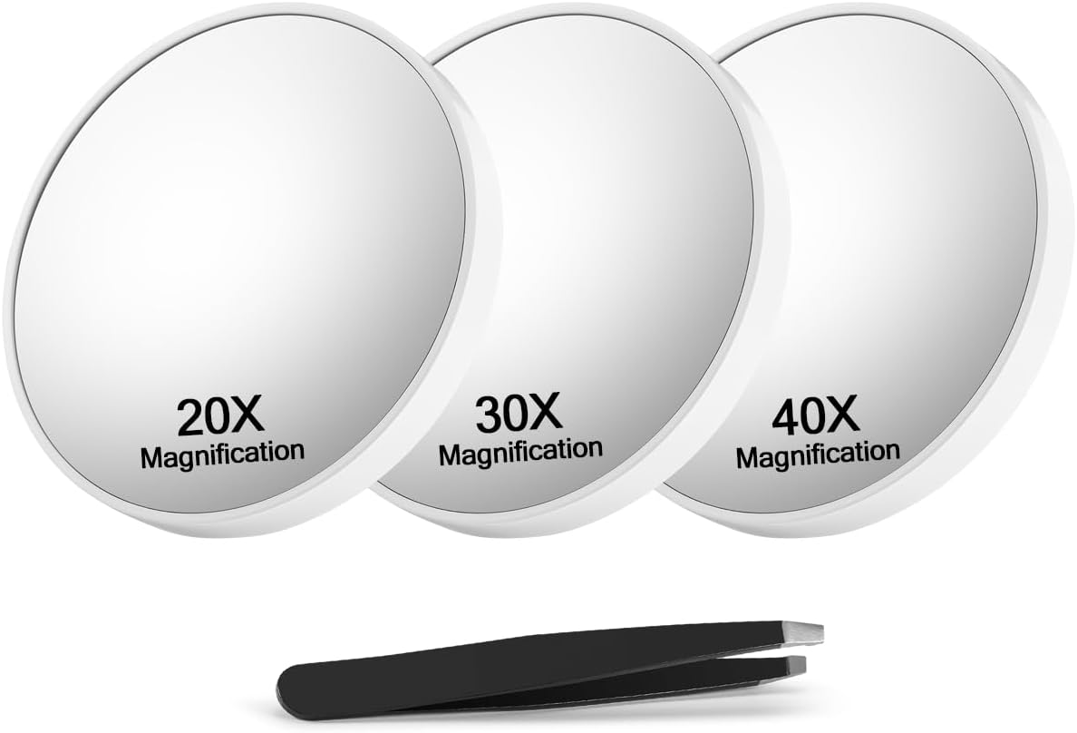 20X&30X&40X Magnifying Mirror Suction Cup, 3.5 in Small Magnified Mirror with Tweezers, White, Set of 3