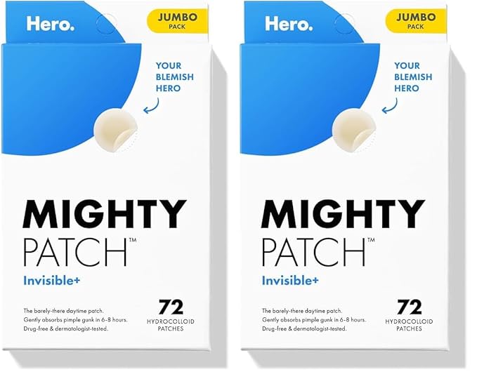 Mighty Patch™ Invisible+ Patch – The Barely-There Daytime Hydrocolloid Acne Pimple Patch for Covering Zits and Blemishes, Tapered Edges Designed to Blend Into Skin (72ct) (Pack of 2)