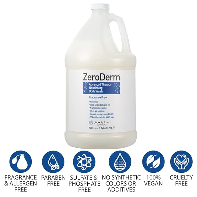 Ginger Lily Farms Botanicals ZeroDerm Advanced Therapy Nourishing Body Wash, 100% Vegan & Cruelty-Free, Fragrance Free, 1 Gallon (128 Fl. Oz.) Refill