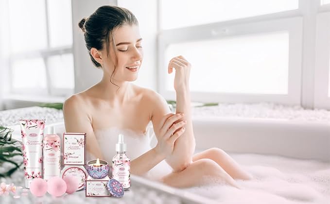 Bath and Body Gift Set for Women & Girls - Japanese Cherry Blossom 7-Piece Luxurious Home Spa Gift Set with Shower Gel, Body Lotion, Bath Oil, Bath Salts, Soap, Bath Bombs, and Candle