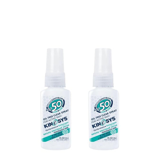 KINeSYS Fragrance Free Clear Spray Sunscreen For Sensitive Skin, SPF 50, Hypoallergenic, Broad Spectrum UVA-UVB Protection For Face & Body; PABA And Oxybenzone FREE, 170+ Sprays, 1 Fl. Oz (Pack Of 2)