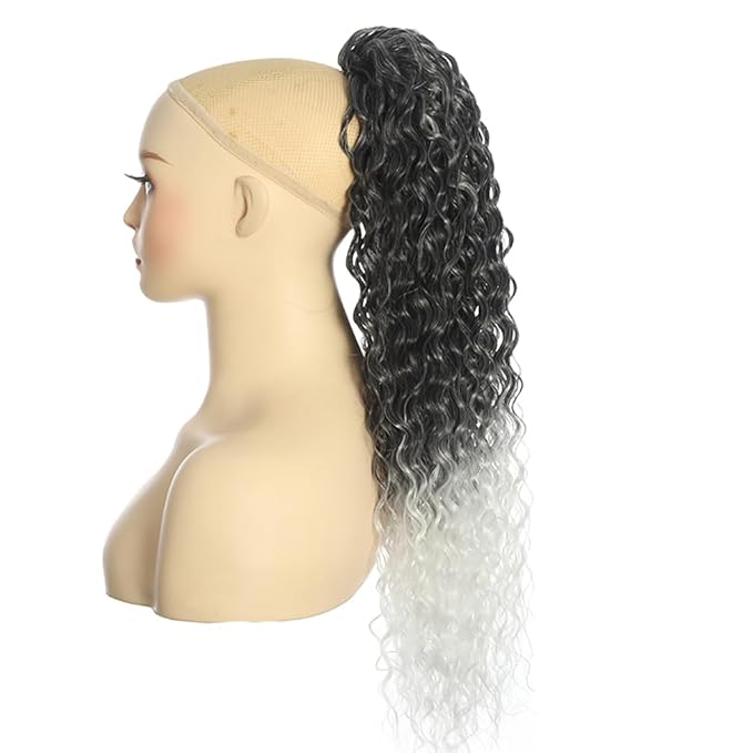 Deep Wave Ponytail Extension for Women 12 Inch Black to Gray Curly Wavy Ponytail Hair Extensions Drawstring with Clips Short Synthetic Hairpiece for Daily and Party