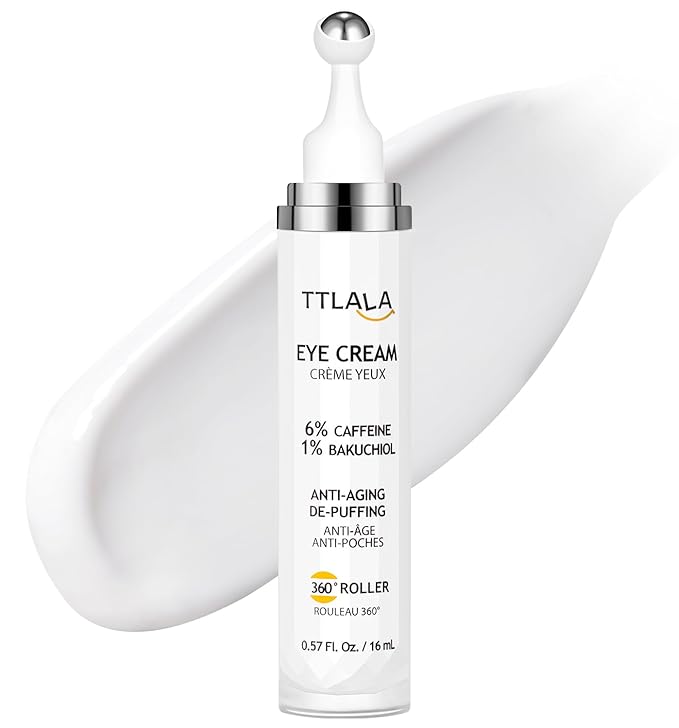 TTLALA Eye Cream with 6% High-purity Caffeine & 1% Bakuchiol, Under Eye Cream for Dark Circles, Puffiness, Fine Lines, Anti Aging, Wrinkles, Eye Bags Treatment for Women & Men with 360° Roller, 0.57oz