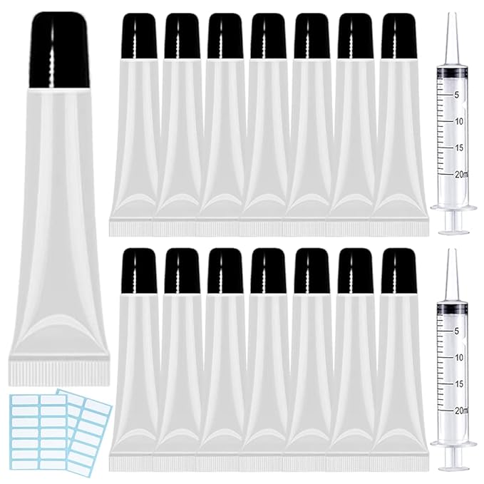 AMORIX 50PCS Lip Gloss Tubes 15ml Black Cap Lip Gloss Containers Empty Lip Balm Tubes Refillable Cosmetic Squeeze Lipgloss Tubes + 2 x 20ml Syringes Tag Labels for DIY Lip Gloss Base Glitter