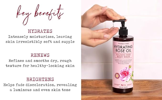 PHARM TO TABLE Hydrating Rose Oil Body Wash for Women and Men - Hydrates and Brightens the Skin, Sulfate Free, 100% Cruelty Free, 480ml