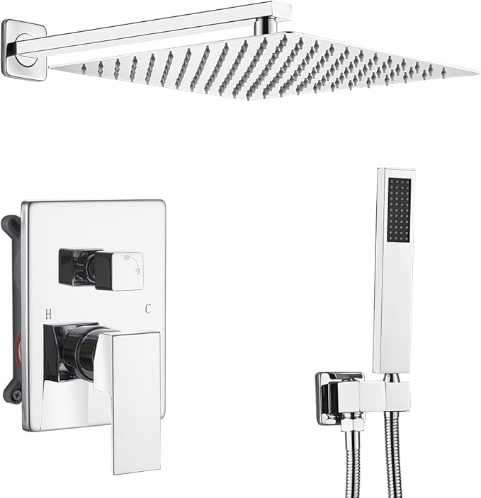 annazom Shower Faucet Set Polished Chrome Surface Large 12 Inch Shower Head Handheld Shower Combo Set High Pressure Recessed Wall Mount, Chrome