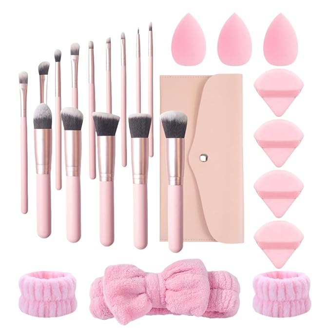 Zaritaffy 25Pcs Makeup Brush Sets with Wristbands and Headband, Including 14Pcs Makeup Brushes, 3Pcs Blender Sponge, 4Pcs Powder Puffs, Multi-functional Makeup Tool Set for Women and Girls (Pink)