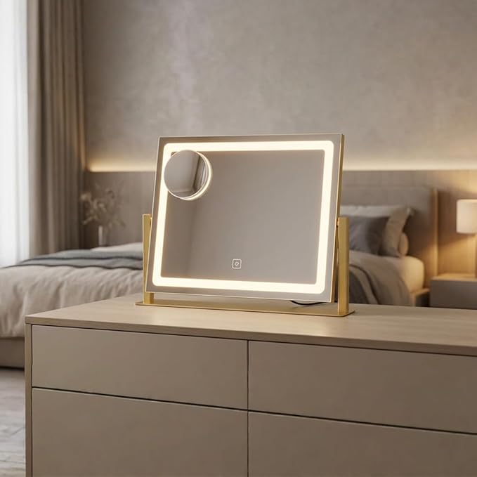 Vanity Mirror with Lights, 16" x 12" Lighted Makeup Mirror with Smart Touch Control, LED Makeup Mirror with 3 Color Lighting Modes, 360° Rotation, 10X Magnification for Tabletop - Gold