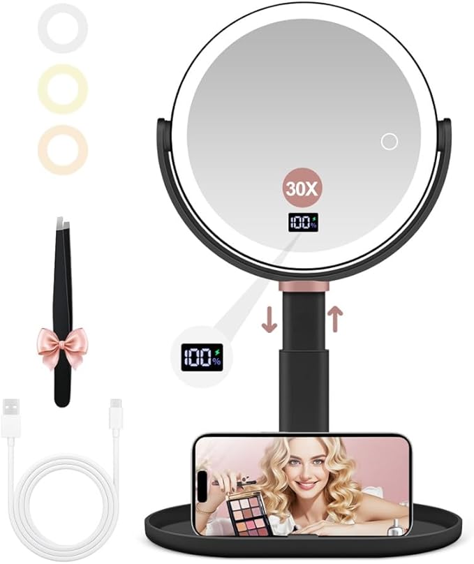 Magnifying Mirror with Light 30X/1X, Digital Display, Smart Touch Control, Vanity Mirror with 3 Color Lights, 360 Rotate, Height Adjustable Lighted Magnifying Mirrors for Desk Travel