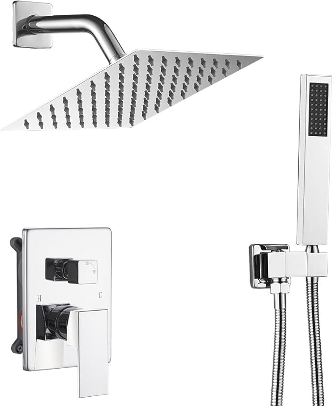 annazom Chrome Shower System with High Pressure 8'' Rainfall Shower Head, Handheld Shower head, Bathroom Luxury Rain Mixer Shower Combo Set Wall Mounted Shower Faucet Rough-in Valve and Trim Kit