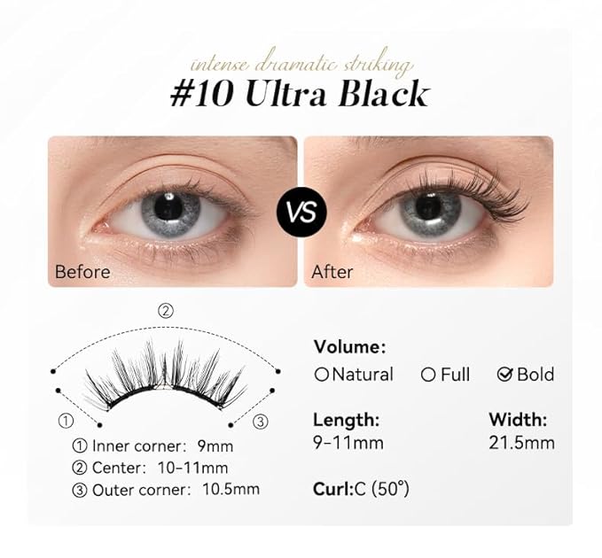 WOSADO Magnetic Eyelashes with Applicator Kit, [V10 Ultra Black] Reusable Magnetic Lashes without Eyeliner, Glue-free False Lashes, Waterproof, Lightweight, Suit for Natural Makeup