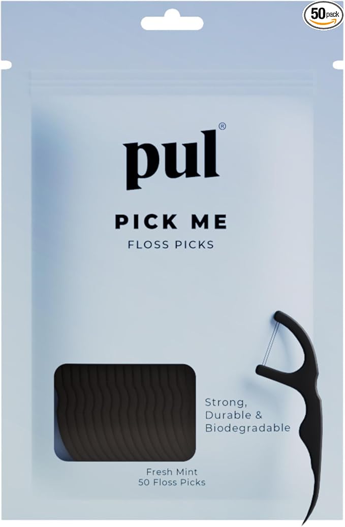 PUL Dental Floss Picks Mint Teeth Flossers for Deep Cleaning - Plant Based Floss Sticks with Shred Resistant Nylon Teeth Floss - Fluoride Free Dental Flossers for Adults and Kids - 50 Count