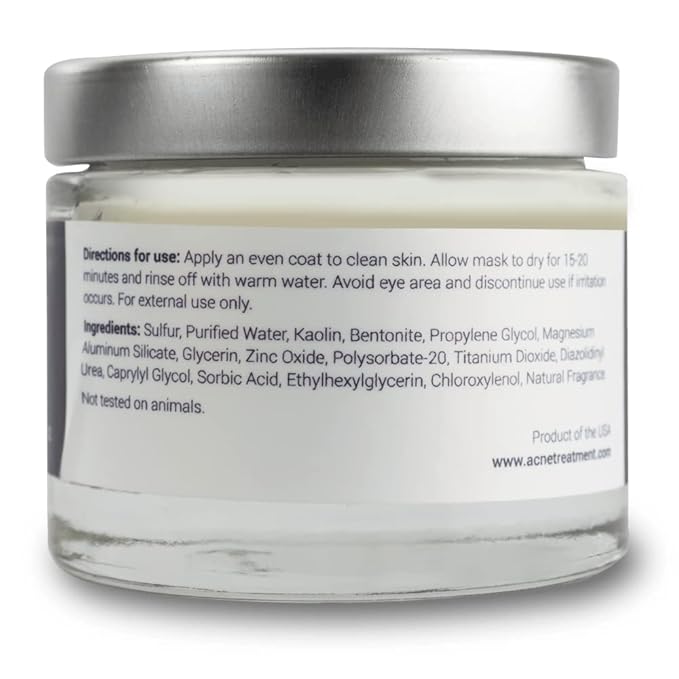 Skin Purifying Mask for Acne Treatment- Paraben-Free Sulfur Facial Mask: Kaolin and Bentonite Clay Mask for Deep Pore Cleansing and Exfoliation 2.5 FL OZ