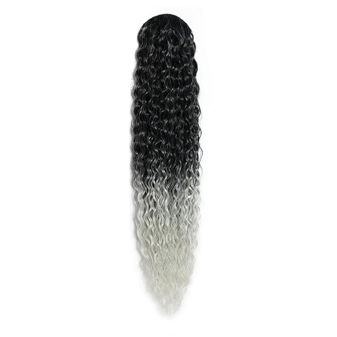 Deep Wave Ponytail Extension for Women 12 Inch Black to Gray Curly Wavy Ponytail Hair Extensions Drawstring with Clips Short Synthetic Hairpiece for Daily and Party
